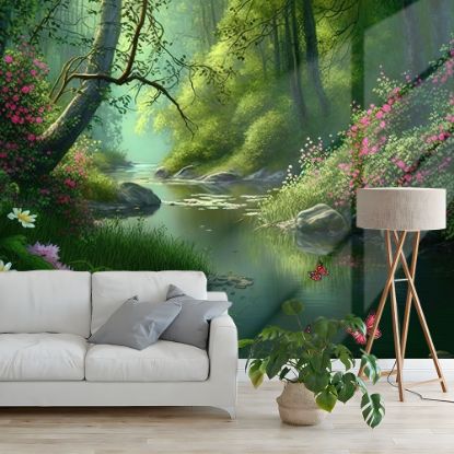 Picture of Hand Made Wallpaper Beautiful Nature Lovely Place With Forest Tree Water River Flowers And Butterflies 