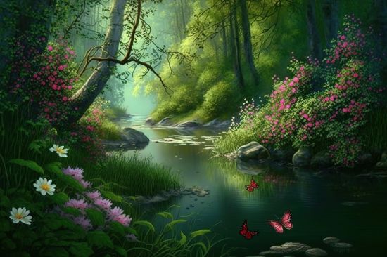 Picture of Hand Made Wallpaper Beautiful Nature Lovely Place With Forest Tree Water River Flowers And Butterflies 