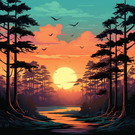 Picture of Hand Made Wallpaper Beautiful Landscape With A Sunset In Forest