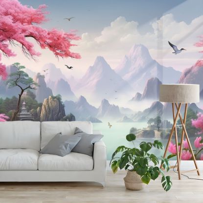 Picture of Hand Made Wallpaper Serenity Nature S Bliss A 3d Mural Of Serene Landscape With Birds Flowers And Trees In The Forest