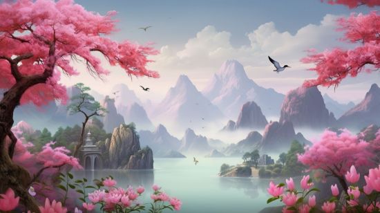 Picture of Hand Made Wallpaper Serenity Nature S Bliss A 3d Mural Of Serene Landscape With Birds Flowers And Trees In The Forest