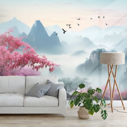 Picture of Hand Made Wallpaper Landscape Mural Vibrant 3d With Birds Flowers Forests Trees And Mountains