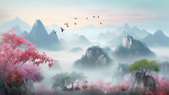 Picture of Hand Made Wallpaper Landscape Mural Vibrant 3d With Birds Flowers Forests Trees And Mountains