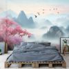 Picture of Hand Made Wallpaper Landscape Mural Vibrant 3d With Birds Flowers Forests Trees And Mountains