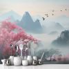 Picture of Hand Made Wallpaper Landscape Mural Vibrant 3d With Birds Flowers Forests Trees And Mountains