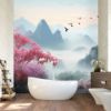 Picture of Hand Made Wallpaper Landscape Mural Vibrant 3d With Birds Flowers Forests Trees And Mountains